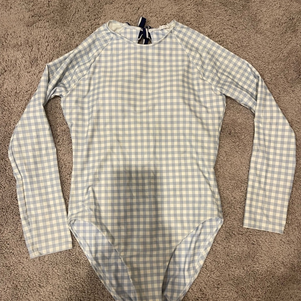 Blue and White Gingham Long Sleeve Rash Guard Swimsuit by Minnow